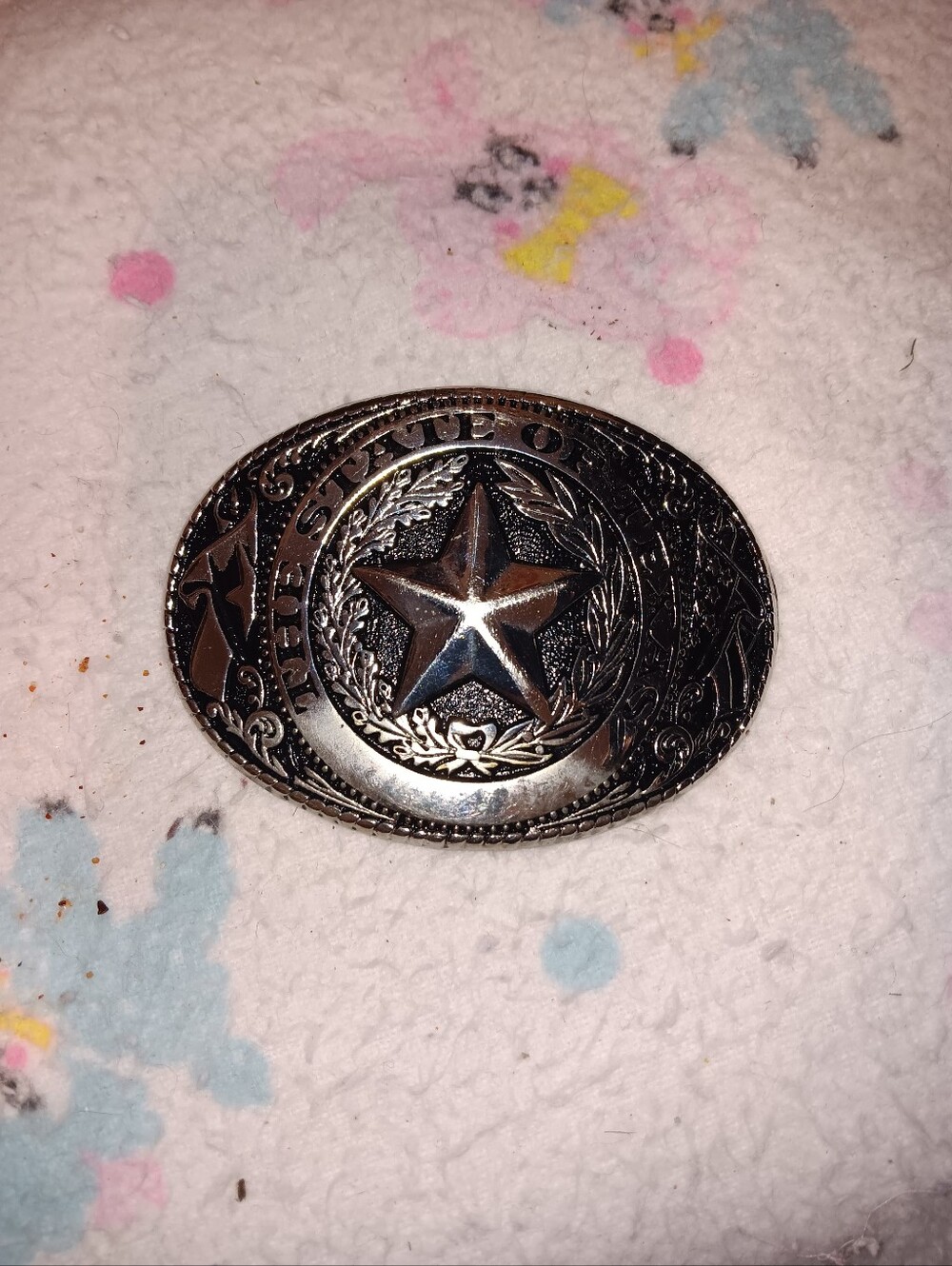 STATE of TEXAS Western Star Oval Silver Belt Buckle